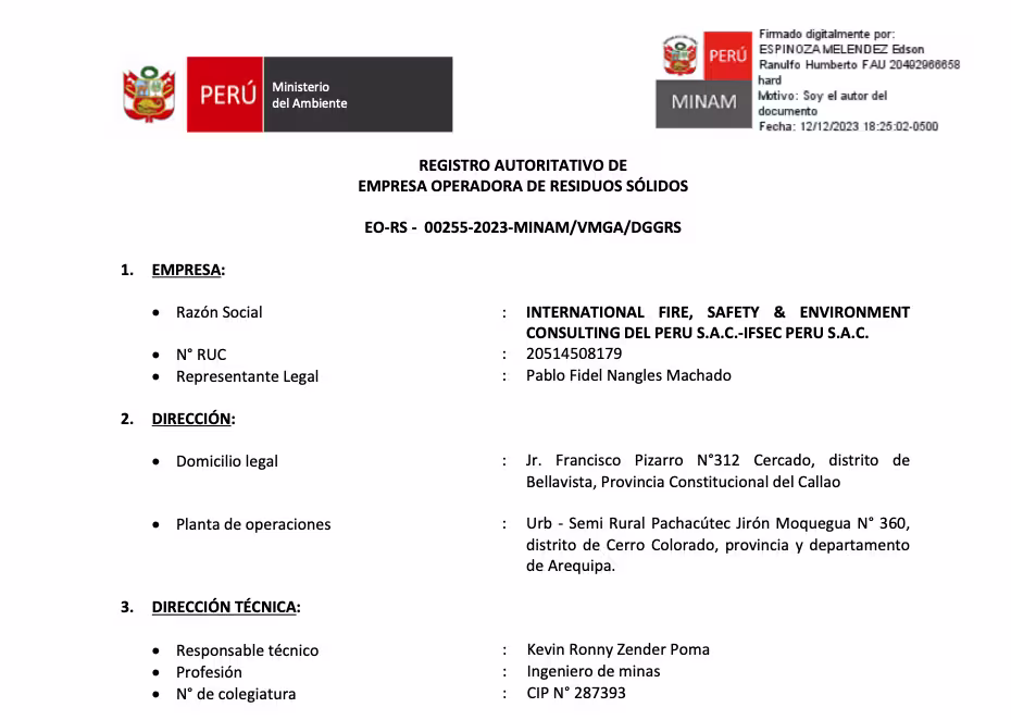 Constancia de Inscripción en el Registro Autoritativo de Empresa Operadora de Residuos Sólidos