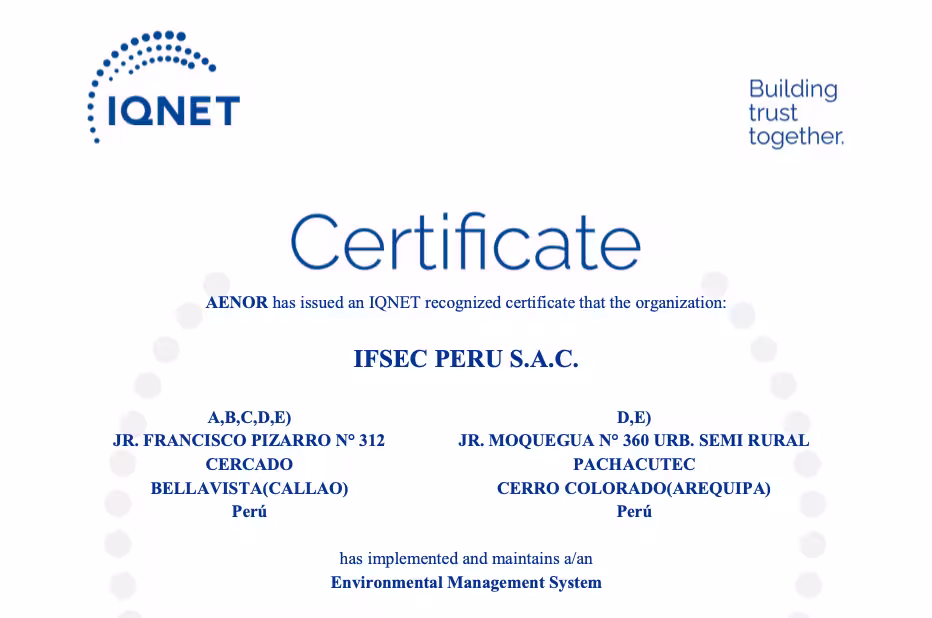 IQNET Environmental Management System Certificate ISO-14001:2015
